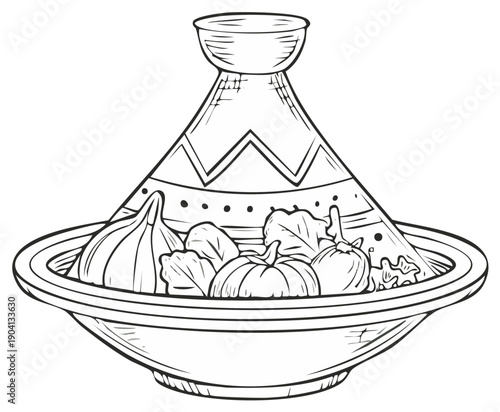 Hand drawn illustration of a tagine filled with vegetables, perfect for a coloring page or a design element for a food blog.