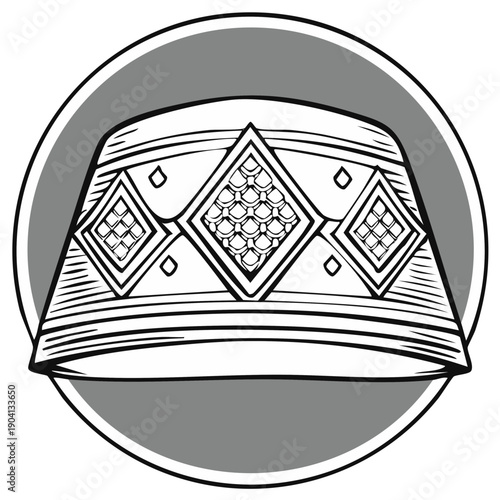 Traditional Decorative Kufi Hat with Diamond Patterns and Textured Band