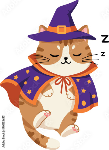 Cute Sleepy Cat Wizard Wearing Purple Star Cape and Hat