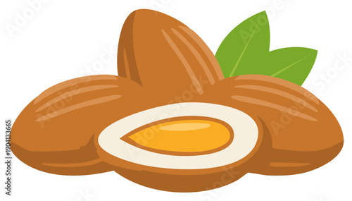 Healthy brown almonds, one split open to reveal its golden kernel, with vibrant green leaves