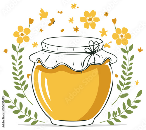 Jar of honey with yellow flowers and green leaves illustration, cartoon graphic
