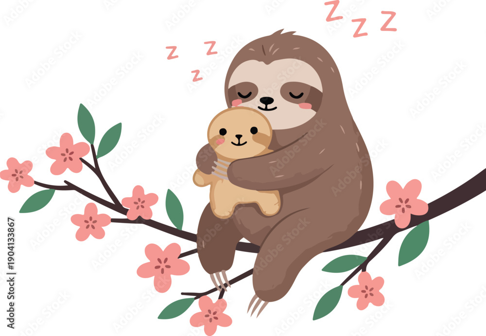 Obraz premium Cute Sloth Hugging Puppy on Cherry Blossom Branch Peaceful Sleep