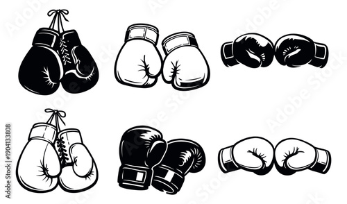 Hand drawn line art boxing gloves set featuring various black and white pairs for sports and martial arts designs
