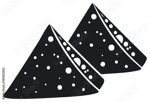 Two triangle-shaped servings of cheese with holes, black and white graphic