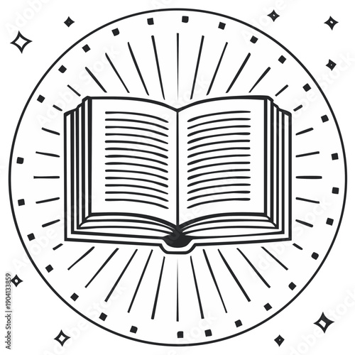 Open Book Surrounded by Rays and Stars Symbol of Knowledge and Wisdom