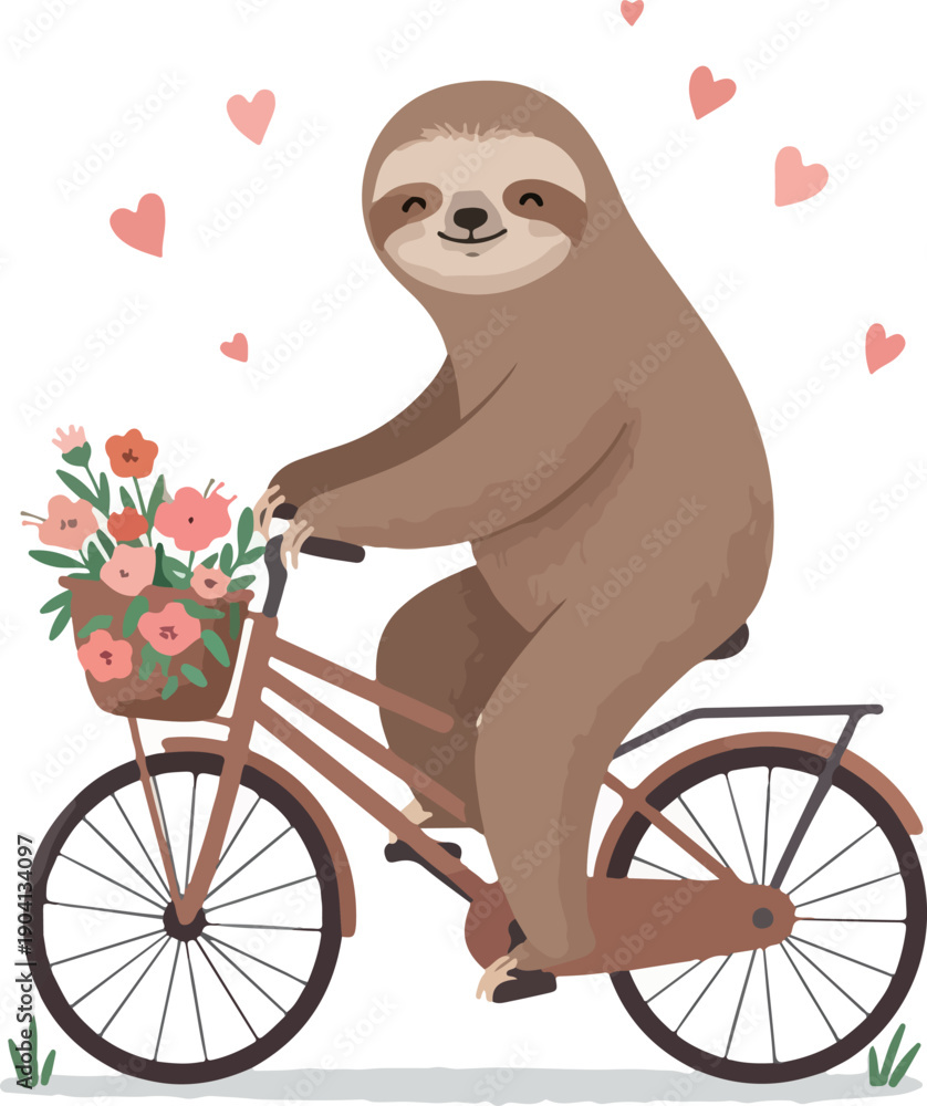 Naklejka premium Cute Sloth Riding Bicycle With Flowers Vector Illustration Pastel Colors