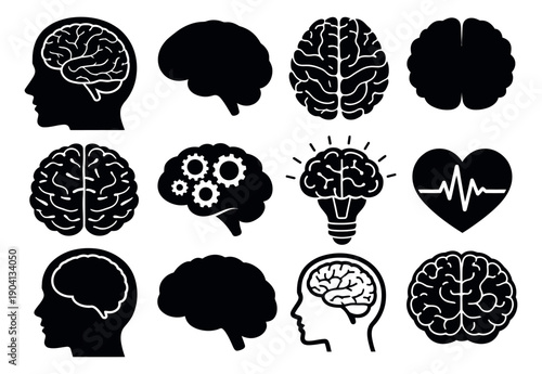Iconic brain and intelligence set featuring different brain shapes, a brain as a lightbulb, a brain with gears, and a heart with a heartbeat line for mental processes, creative thinking, and wellbeing