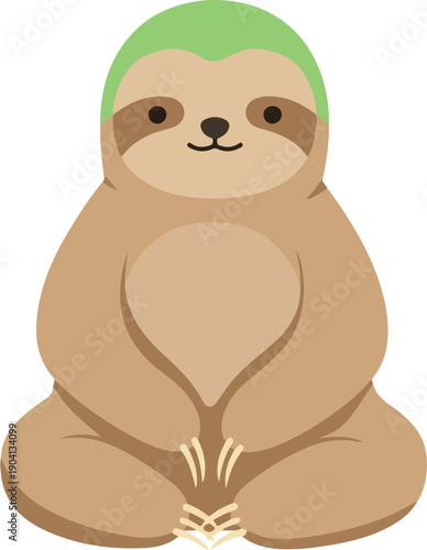Cute Sloth Sitting Yoga Pose Green Headband Minimalist Flat Illustration