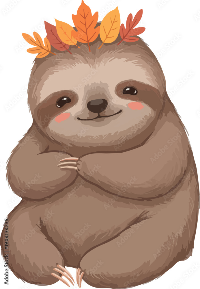Naklejka premium Cute Sloth Wearing Autumn Leaf Crown Smiling Warmly Isolated Object