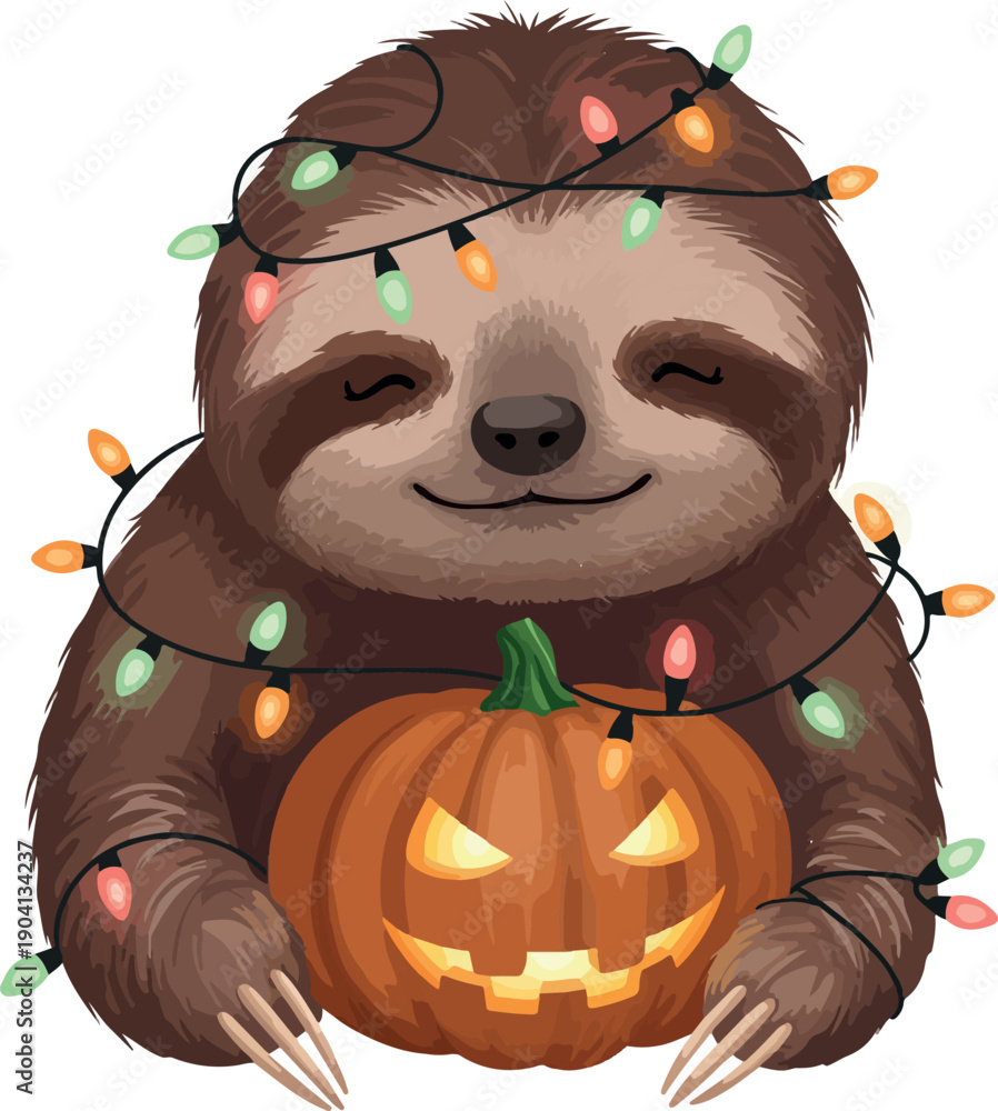 Obraz premium Cute Sloth Wrapped in Colorful Halloween Lights with Jack O Lantern Vector