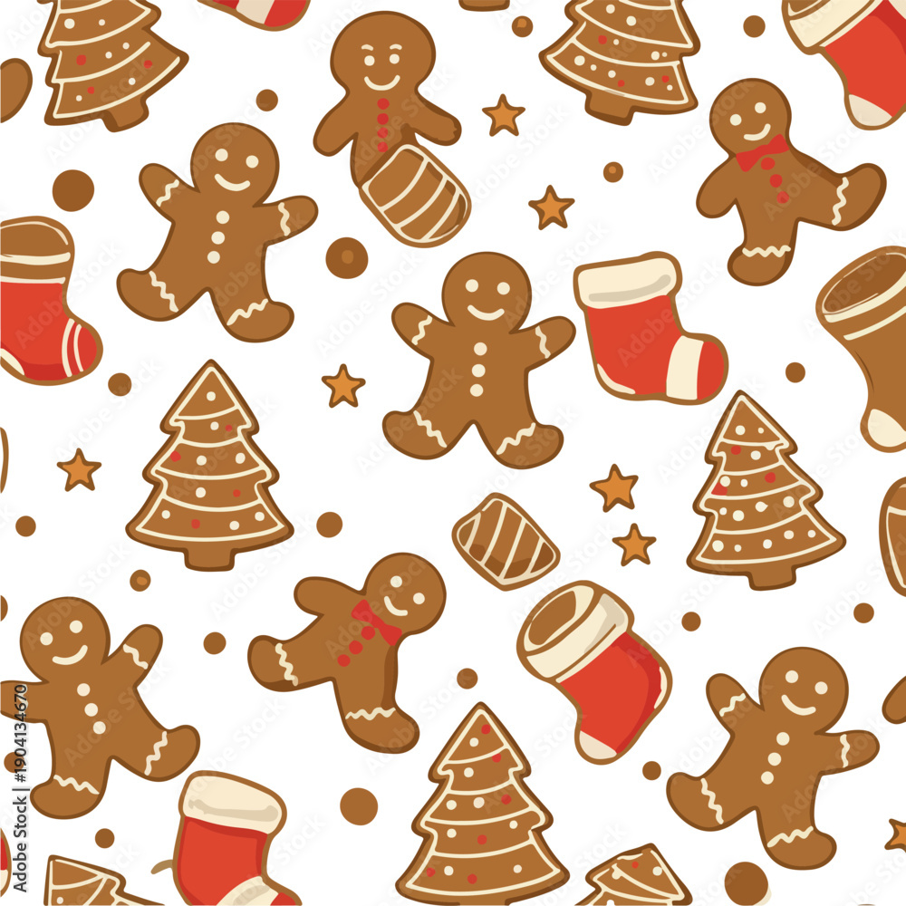 Fototapeta premium Gingerbread Man Christmas Tree Stocking Pattern Vector Holiday Icons