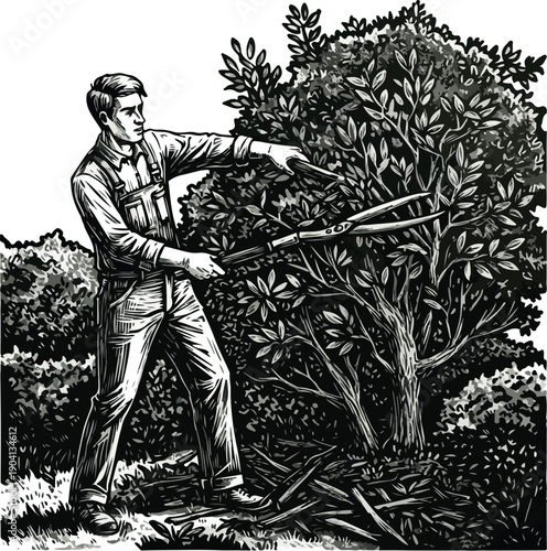 Gardener Pruning Bush with Shears Outdoor Vintage Illustration