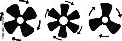 Rotating fan icon set illustration, ventilation airflow direction symbols, cooling propeller blades graphics, industrial motion signs, black vector