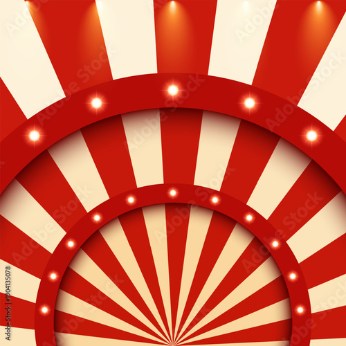 Retro circus radial striped background with illuminated stage arches, empty space. Vintage design for poster template, magic show, theatre, attractions, sale. Vector illustration red beige colors