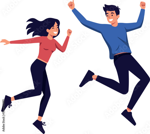 Happy Couple Jumping With Joy Blue Sweater And Red Top Isolated