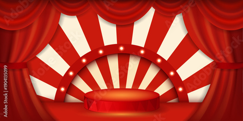 Circus background with podium, curtains, illuminated stage arches, empty space for text design. Template for show,carnival,festival, event, party, performance. Horizontal vector illustration