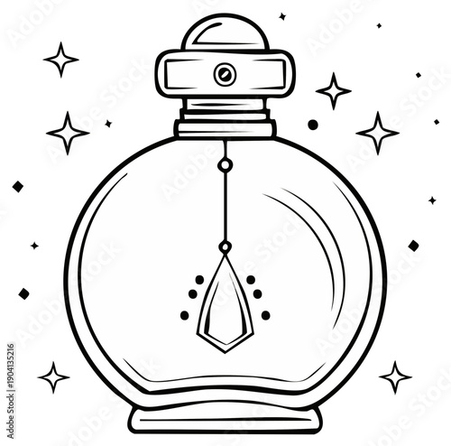Elegant perfume bottle with stars and decorative jewel in vector outline