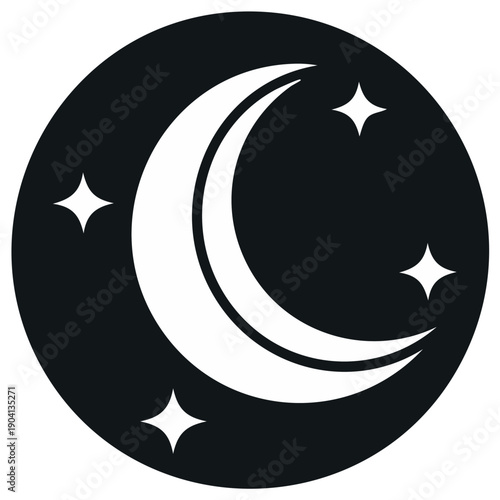 Crescent moon and stars in a night sky, vector illustration of celestial bodies in black and white, isolated on a circular background
