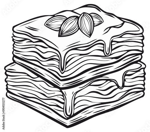 Delicious layered pastry dessert drizzled with syrup and topped with almonds sketch