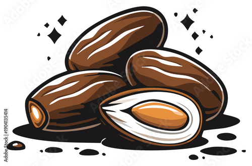 Close-up illustration of a pile of dates showing one cut open to reveal the inside flesh and seed