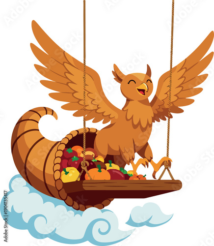 Happy Griffin Rides Cornucopia Swing Over Clouds Thanksgiving Autumn