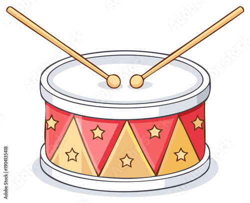 Cartoon style drum with sticks. Illustration of a toy percussion instrument with star decorations.