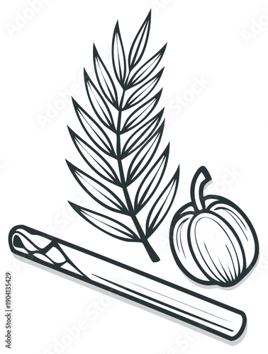 Minimalist monochrome illustration of the Four Species for Sukkot holiday.