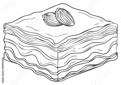Layered Pastry Dessert With Almonds Outline Illustration