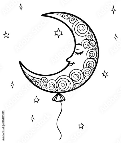 Whimsical Crescent Moon with Swirling Patterns and Stars Design