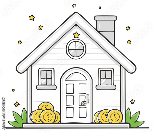 Illustration of a white house with gold coins, stars and green plants on the porch promoting savings and home investments