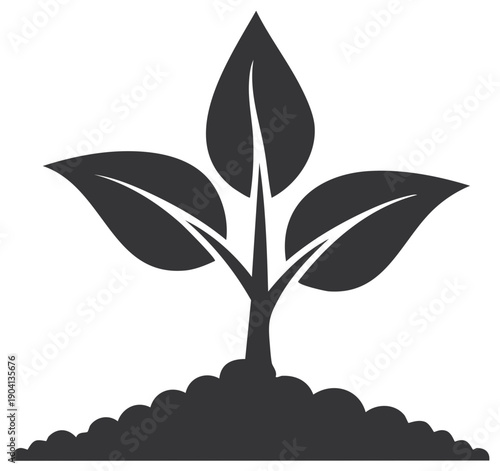 Dark Gray Silhouette of Sprout Growing Out of Soil for Icon or Symbol Design