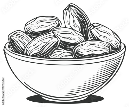 Bowl of Dates Illustration Hand Drawn Sketch Style Fresh Fruit Food Ingredient Harvest