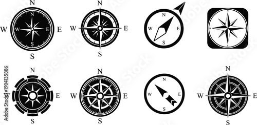 Compass navigation icon set illustration, direction symbols collection, north south east west signs, GPS orientation graphics, black vector