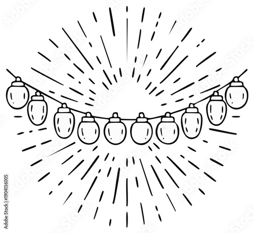 Doodle style illustration of string lights with sunburst effect, holiday or party design