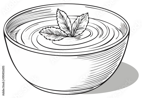 Hand drawn bowl of cream soup garnished with fresh mint leaves vector line art illustration