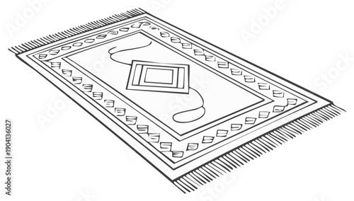 Detailed drawing of a decorative rug with geometric patterns and fringe edges isolated