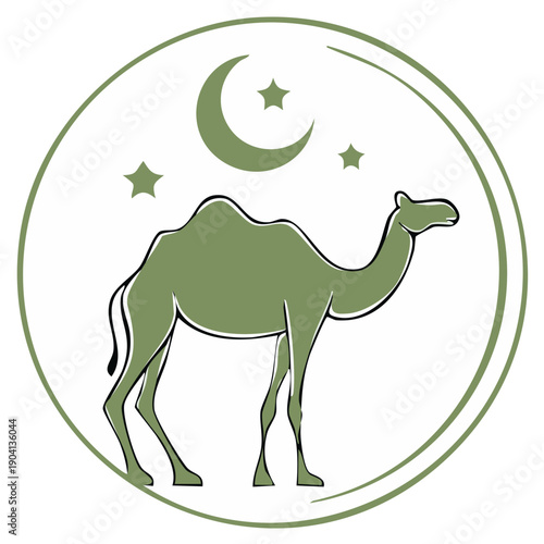 Stylized camel with moon and stars in a circular emblem