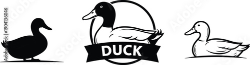 Minimalist duck logo and silhouette set with black and white vector waterfowl emblems isolated on white background design illustration