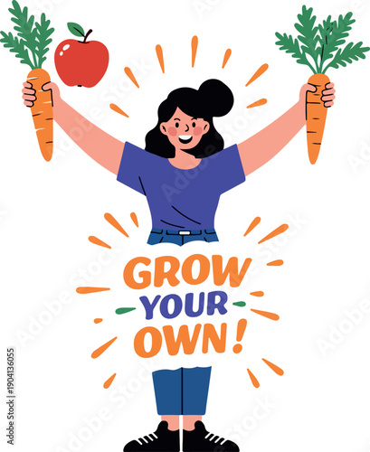 Happy Woman Holding Carrots and Apple Grow Your Own Flat Design