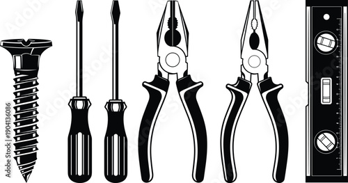 Hand tools icon set illustration, screw screwdrivers pliers spirit level equipment, construction repair toolkit symbols, minimalist black vector