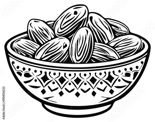 Bowl of dates, black and white line art illustration, Middle Eastern cuisine