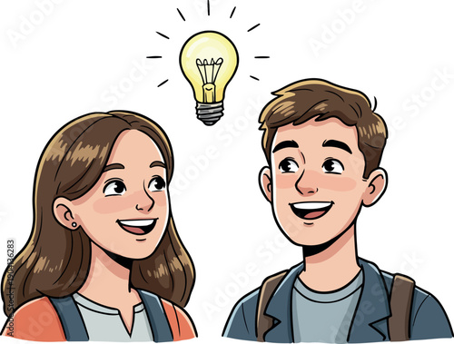 Idea Lightbulb Over Happy Couple Cartoon Style Vector Art