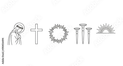 Religious symbols including Jesus cross crown of thorns nails and sunrise.
