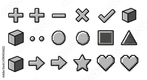 Collection of Pixel Art Icons Featuring Geometric Shapes, Symbols, and Emojis for Digital Design