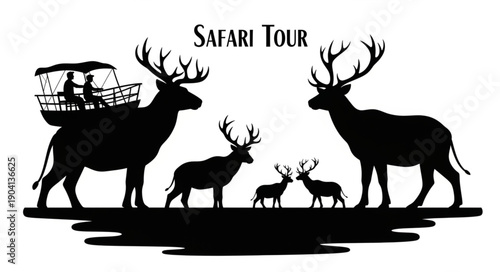 Safari Tour Silhouette with Deer and Safari Vehicle.