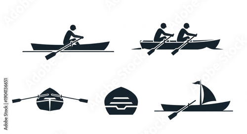 Rowing Boat Icons Silhouette Set.