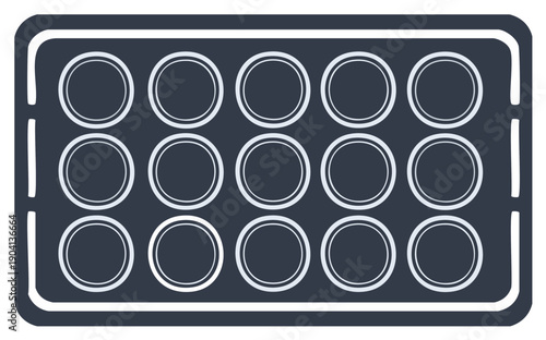 Rectangular tray with fifteen round compartments in a dark grey color with white outlines
