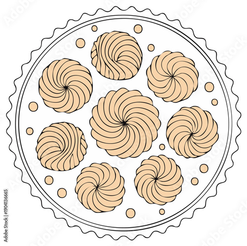 Dessert graphic with swirl pastry arrangement and decorative circular plate design.