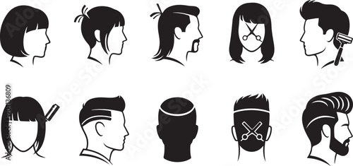 Black and white of ten different hairstyles and haircuts with styling tools barber salon scissors