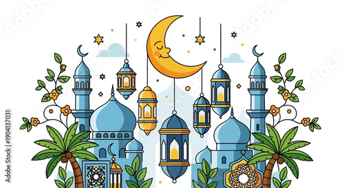 Vibrant Eid Mubarak celebration with crescent moon, lanterns, and traditional drum
